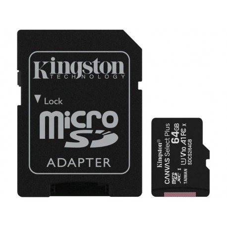 Memory Card 64GB Class 10 U1 V10 A1 Kingston Canvas Select Plus microSDHC with SD Adapter SDCS2/64GB