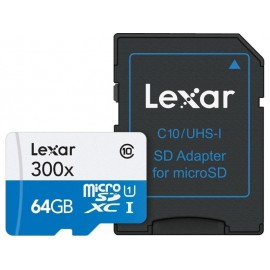 Memory Card 64GB Class 10 U1 Lexar High-Performance 300x microSDXC with Adapter